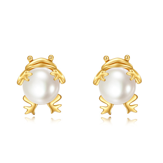 14K Gold Pearl Frog Stud Earrings