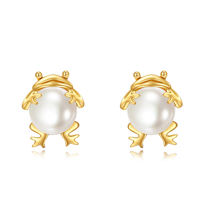 10K Gold Pearl Frog Stud Earrings-7