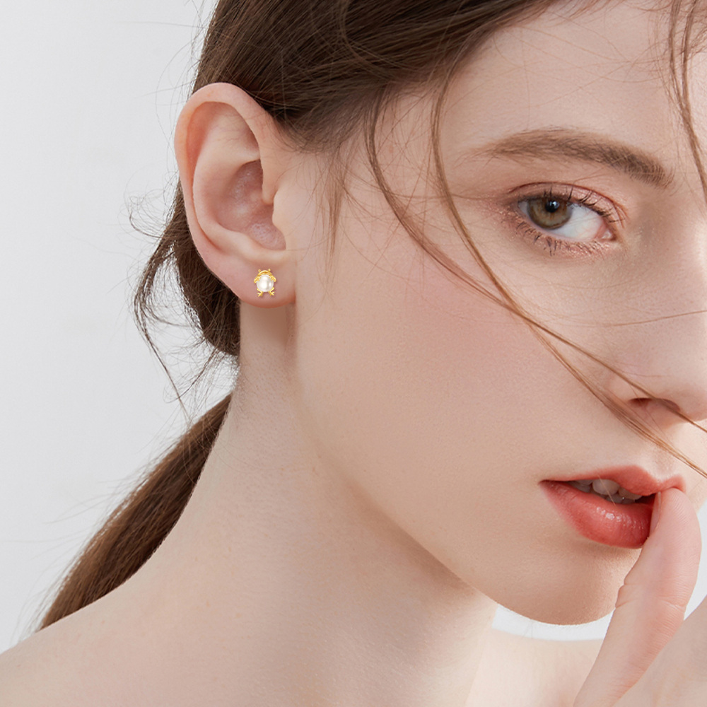 10K Gold Pearl Frog Stud Earrings-2