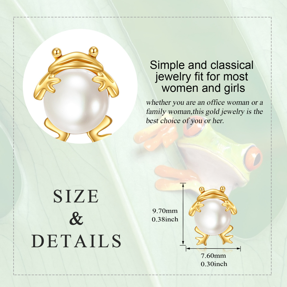10K Gold Pearl Frog Stud Earrings-3