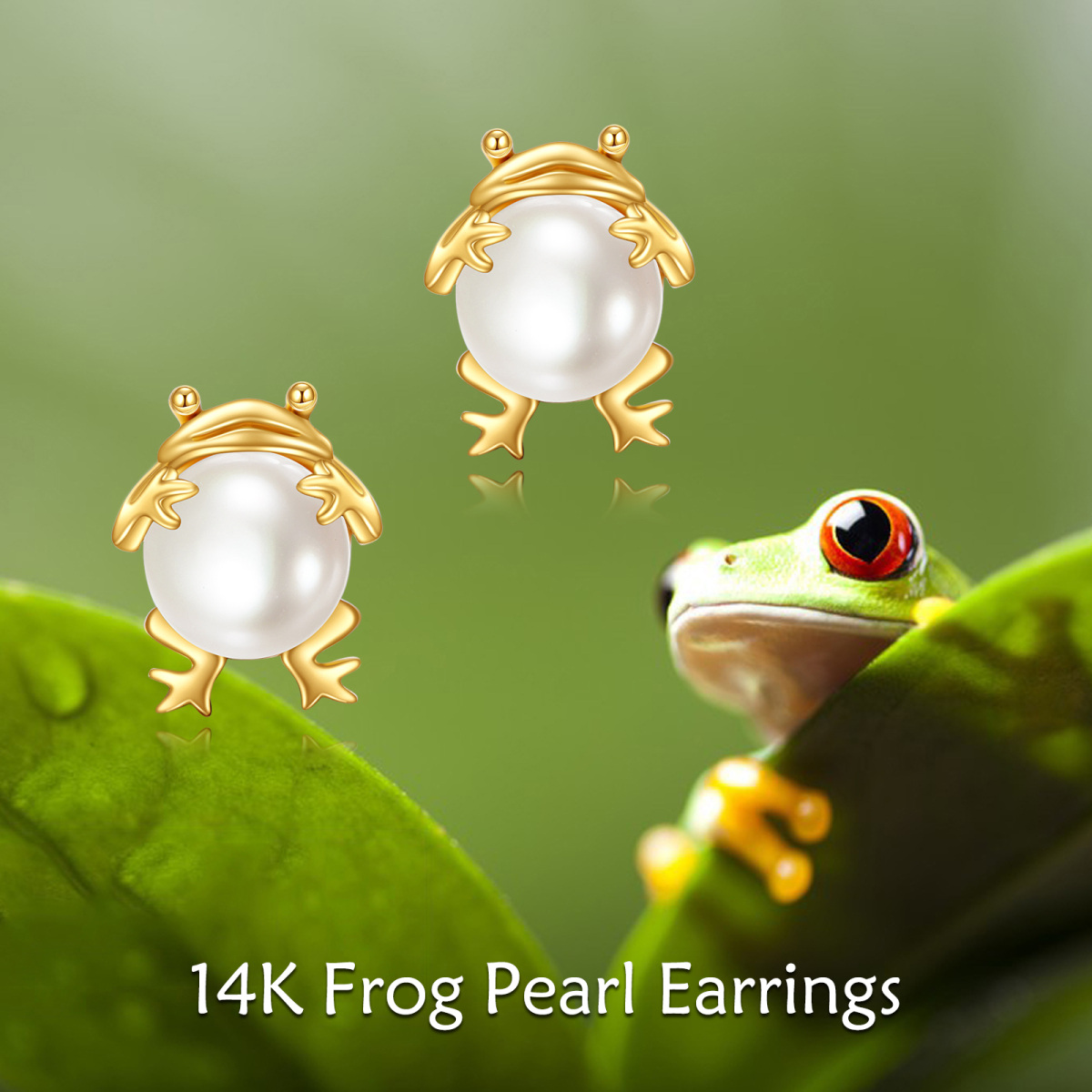 14K Gold Pearl Frog Stud Earrings-4