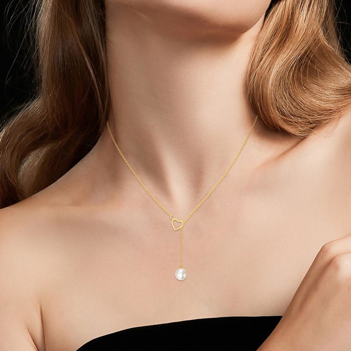14K Gold Pearl Heart Adjustable Y Necklace-2