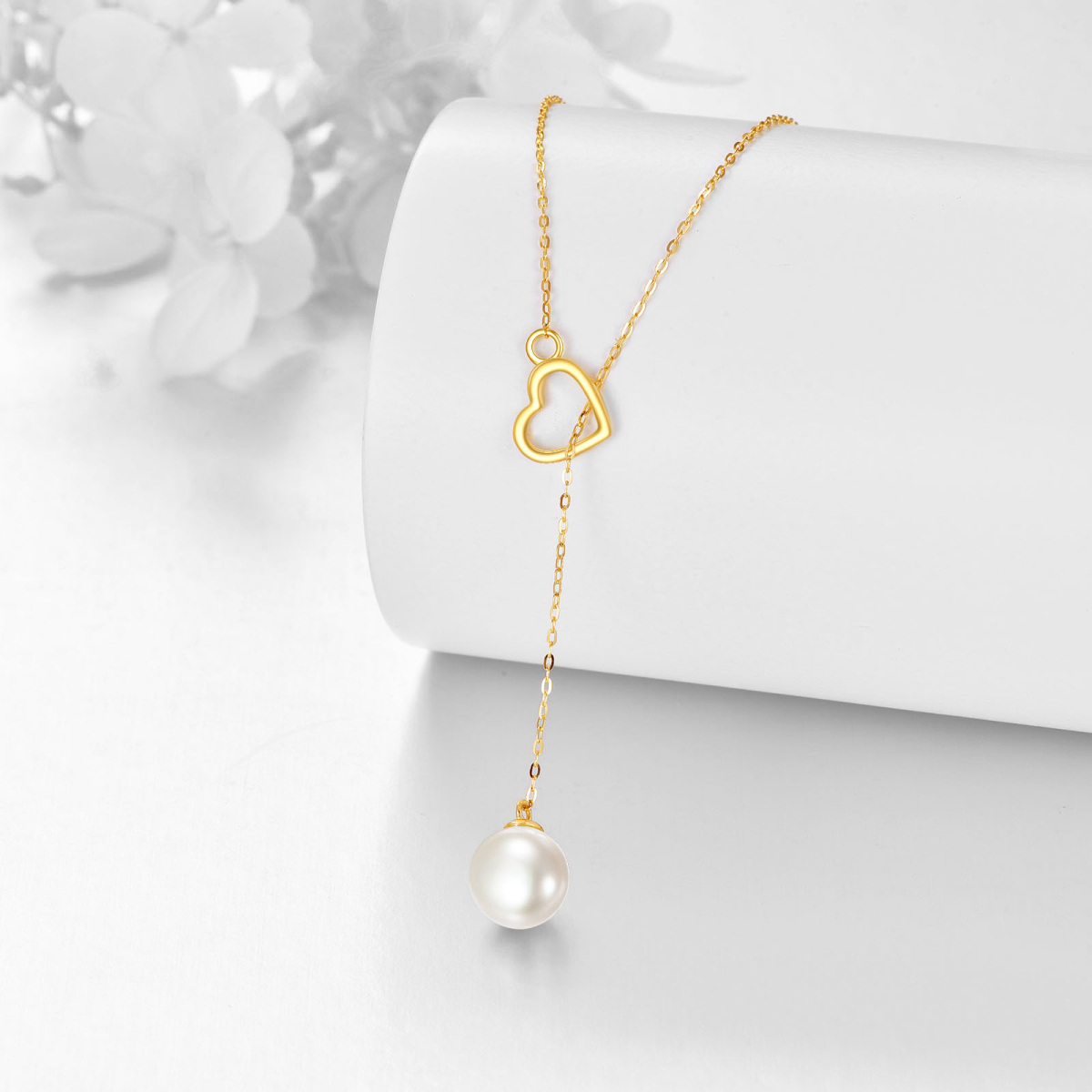 14K Gold Pearl Heart Adjustable Y Necklace-3