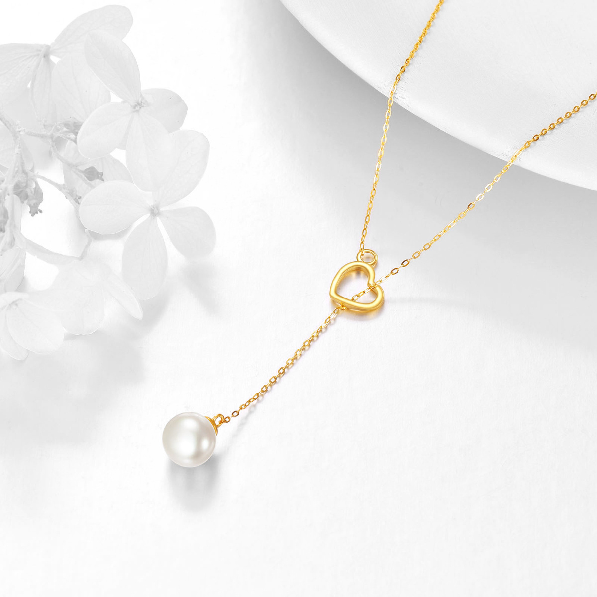 14K Gold Pearl Heart Adjustable Y Necklace-4