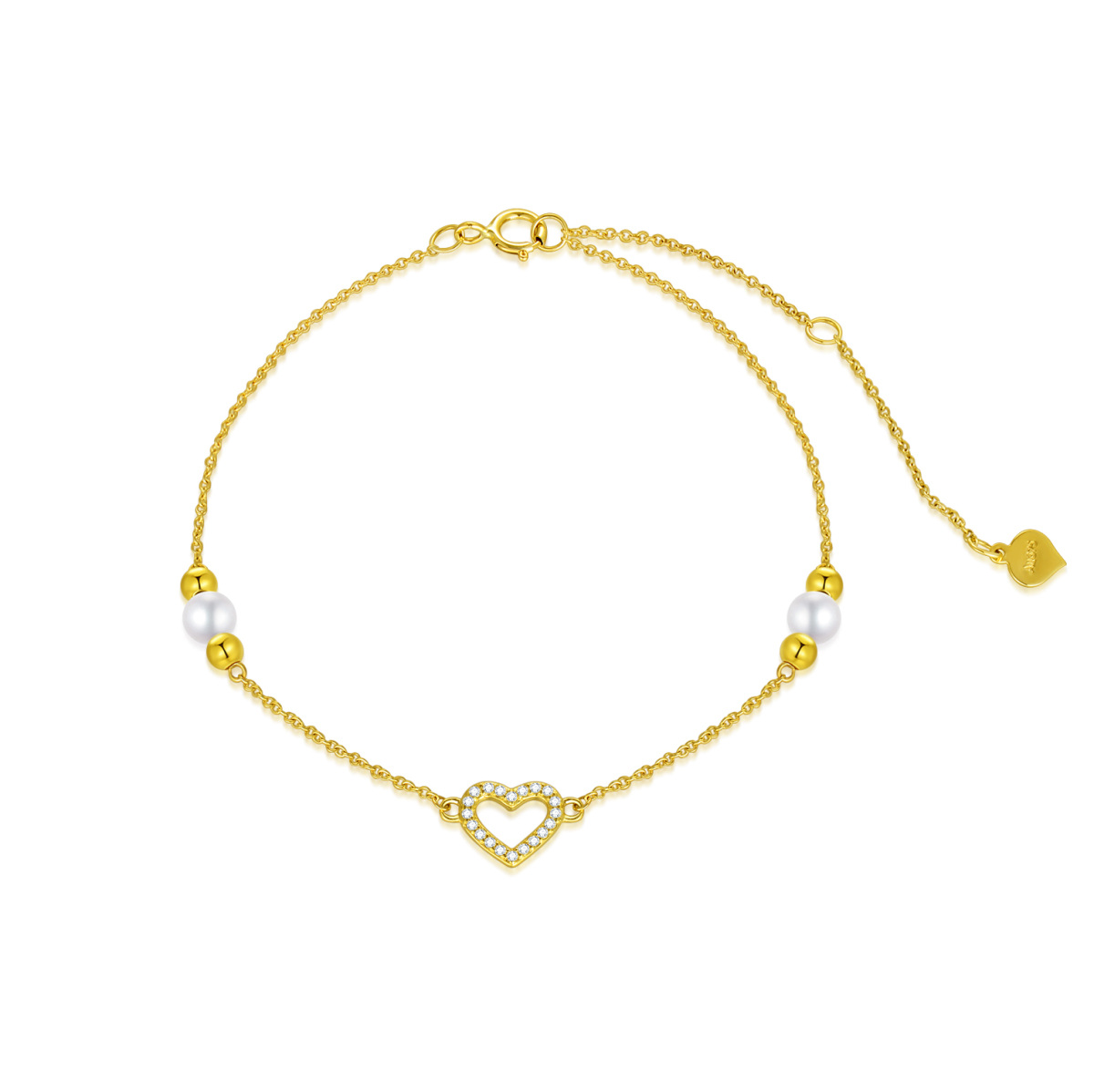 14K Gold Cubic Zirconia & Pearl Heart Charm Bracelet-1