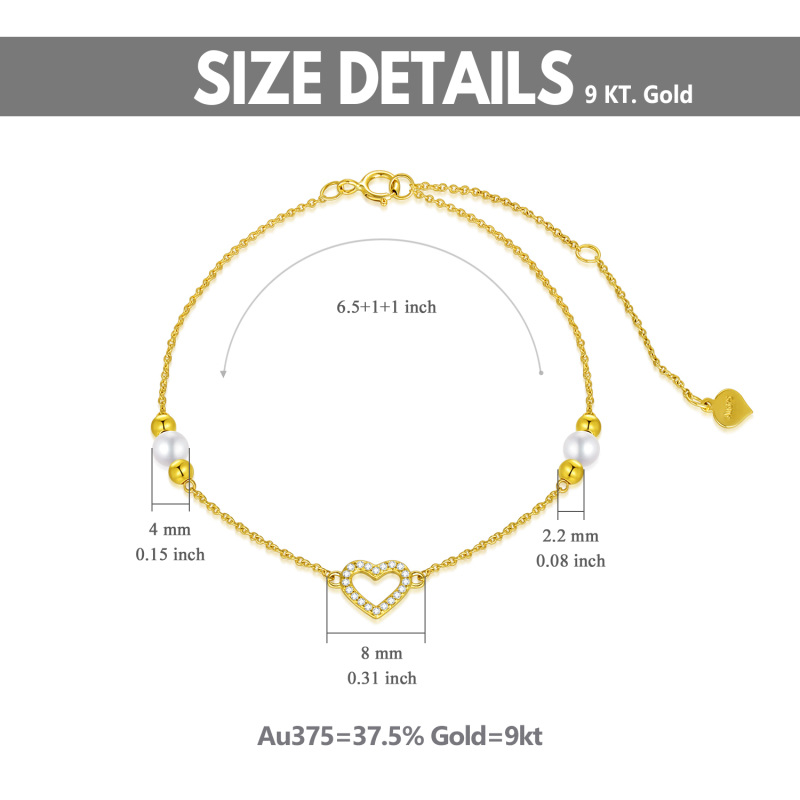 Pulseira com pendente coração em ouro branco 10K, zircónias cúbicas e pérola.-3