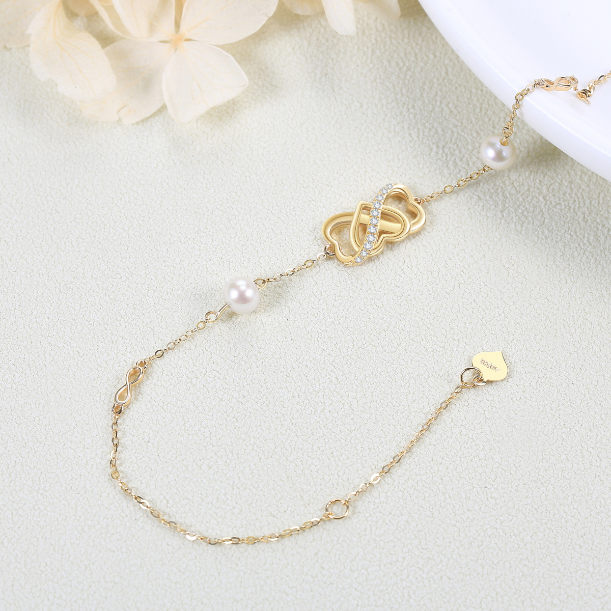 14K Gold Pearl Heart & Infinity Symbol Bracelet for Women-3