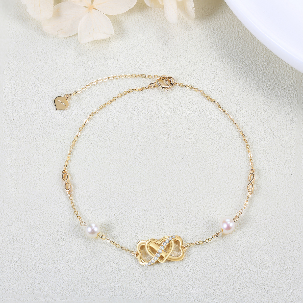 14K Gold Pearl Heart & Infinity Symbol Bracelet for Women-4