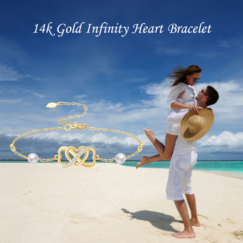 Pulsera con símbolo de infinito y corazón de perla en oro de 18 quilates para mujer-6