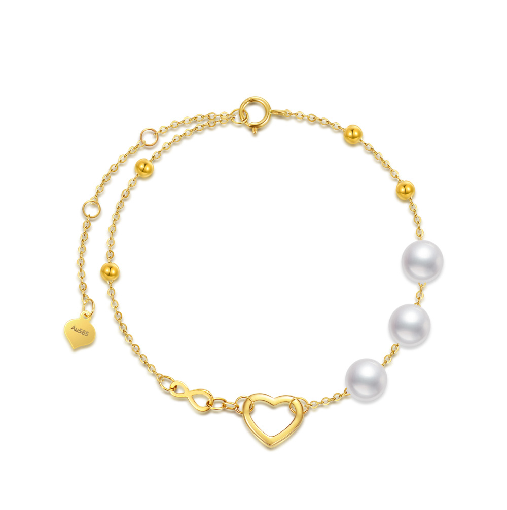 10K Gold Pearl Heart & Infinity Symbol Bracelet for Women-1