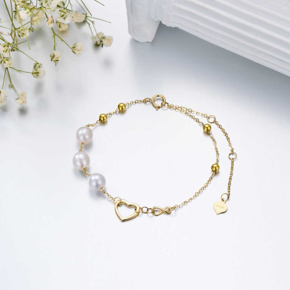 10K Gold Pearl Heart & Infinity Symbol Bracelet for Women-3