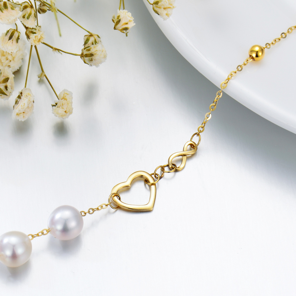 10K Gold Pearl Heart & Infinity Symbol Bracelet for Women-4
