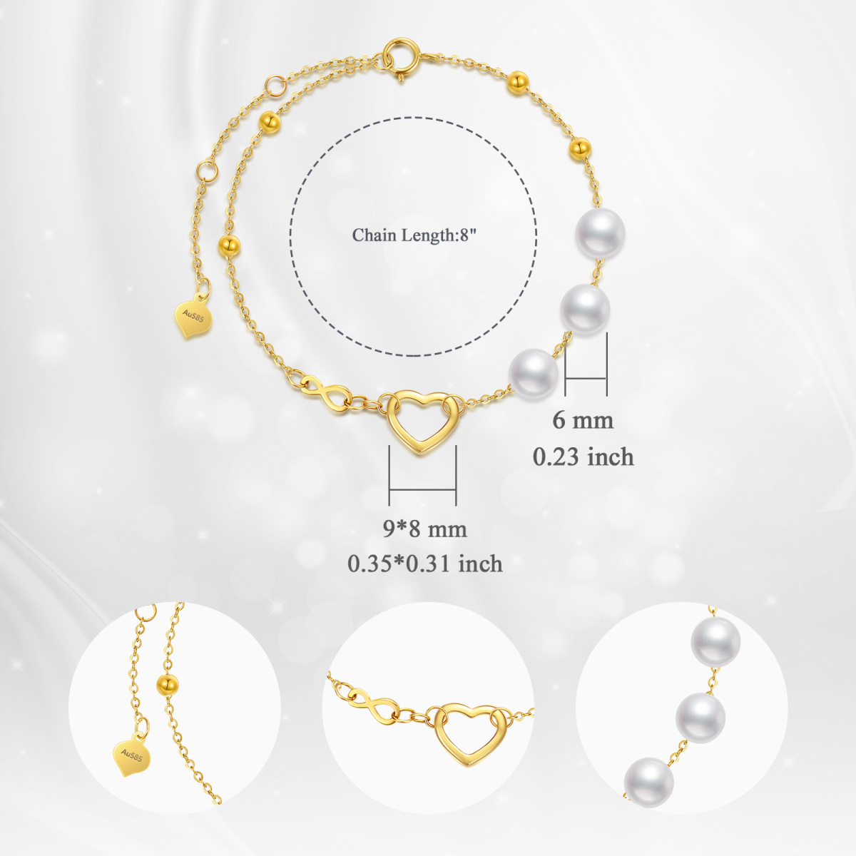 14K Gold Pearl Heart & Infinity Symbol Bracelet for Women-5