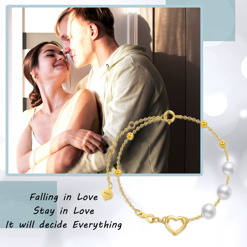 10K Gold Pearl Heart & Infinity Symbol Bracelet for Women-6