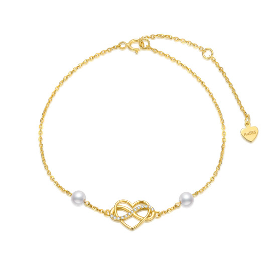 14K Gold Pearl With Cubic Zirconia Heart Infinity Symbol Pendant Bracelet For Women