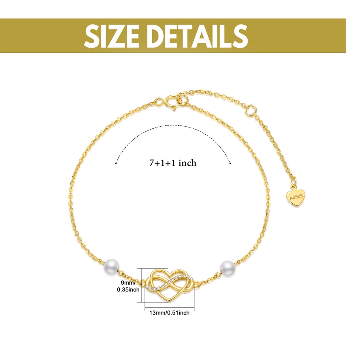 10K Gold Pearl With Cubic Zirconia Heart Infinity Symbol Charm Bracelet For Women-6