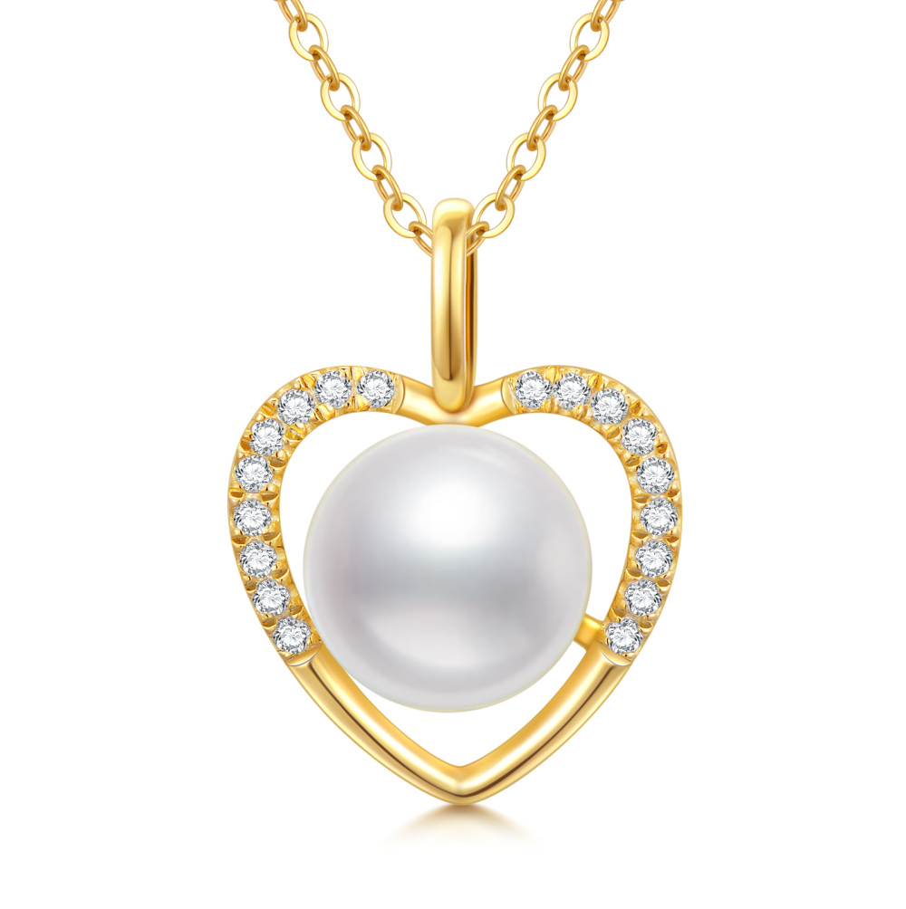14K Gold Cubic Zirconia & Pearl Heart Pendant Necklace-1