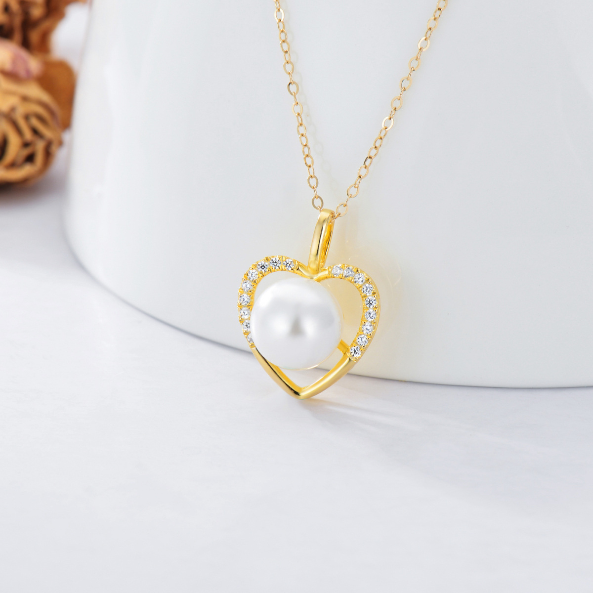 14K Gold Cubic Zirconia & Pearl Heart Pendant Necklace-4