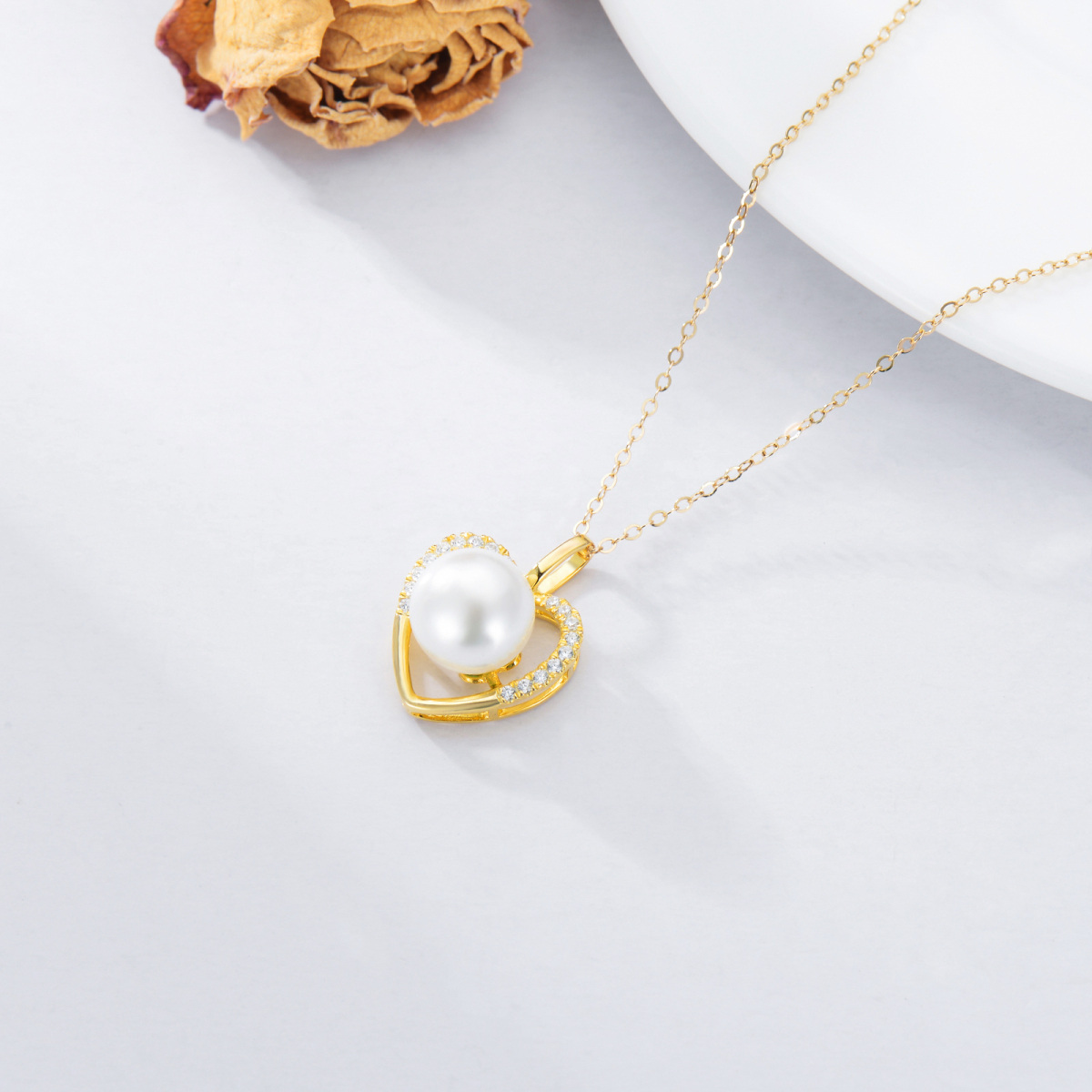 14K Gold Cubic Zirconia & Pearl Heart Pendant Necklace-5