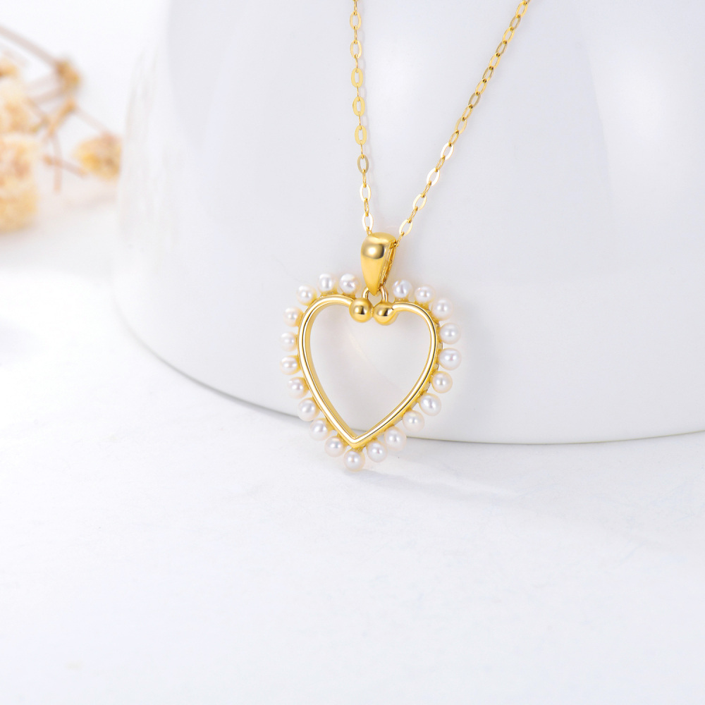 10K Gold Pearl Heart Pendant Necklace-3