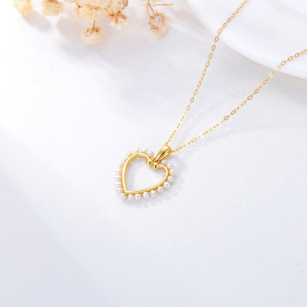 10K Gold Pearl Heart Pendant Necklace-4