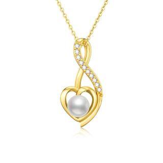 10K Gold Pearl Heart & Ribbon Pendant Necklace-50