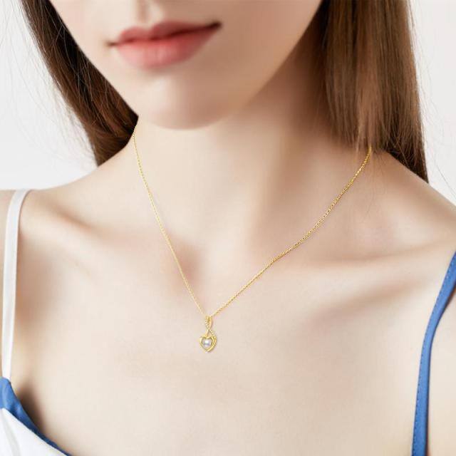 14K Gold Pearl Heart & Ribbon Pendant Necklace-2