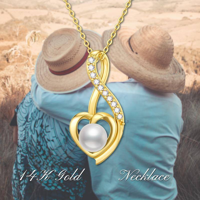 10K Gold Pearl Heart & Ribbon Pendant Necklace-4