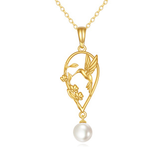 14K Gold Pearl Hummingbird & Wildflowers Pendant Necklace-3