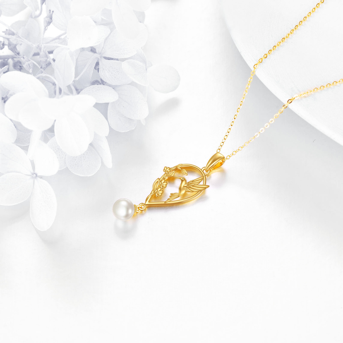 14K Gold Pearl Hummingbird & Wildflowers Pendant Necklace-3
