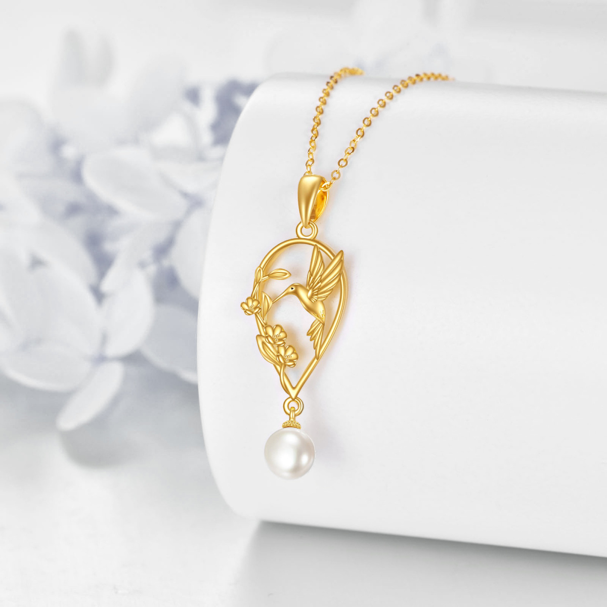 14K Gold Pearl Hummingbird & Wildflowers Pendant Necklace-4