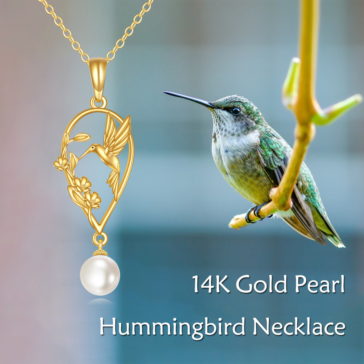14K Gold Pearl Hummingbird & Wildflowers Pendant Necklace-6