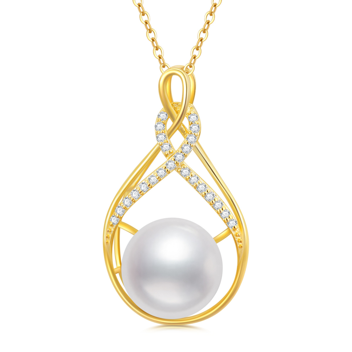 Collier à pendentif symbole de l'infini en or 14K avec zircon cubique et perles-1