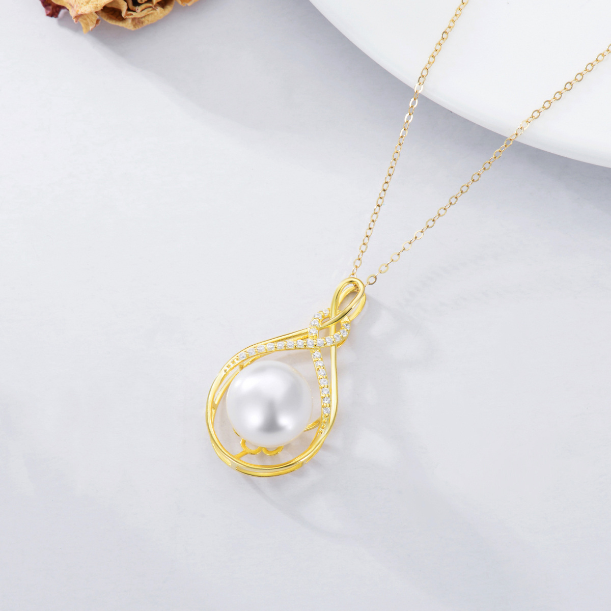 14K Gold Cubic Zirconia & Pearl Infinity Symbol Pendant Necklace-5