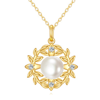 14K Gold Cubic Zirconia & Pearl Leaves Pendant Necklace-1