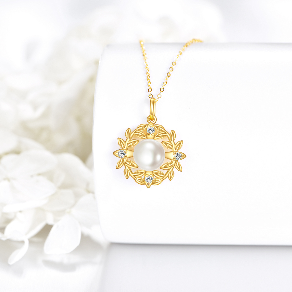 14K Gold Cubic Zirconia & Pearl Leaves Pendant Necklace-3