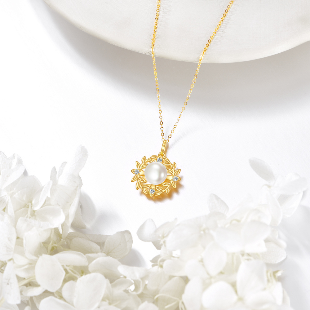 10K Gold Cubic Zirconia & Pearl Leaves Pendant Necklace-4