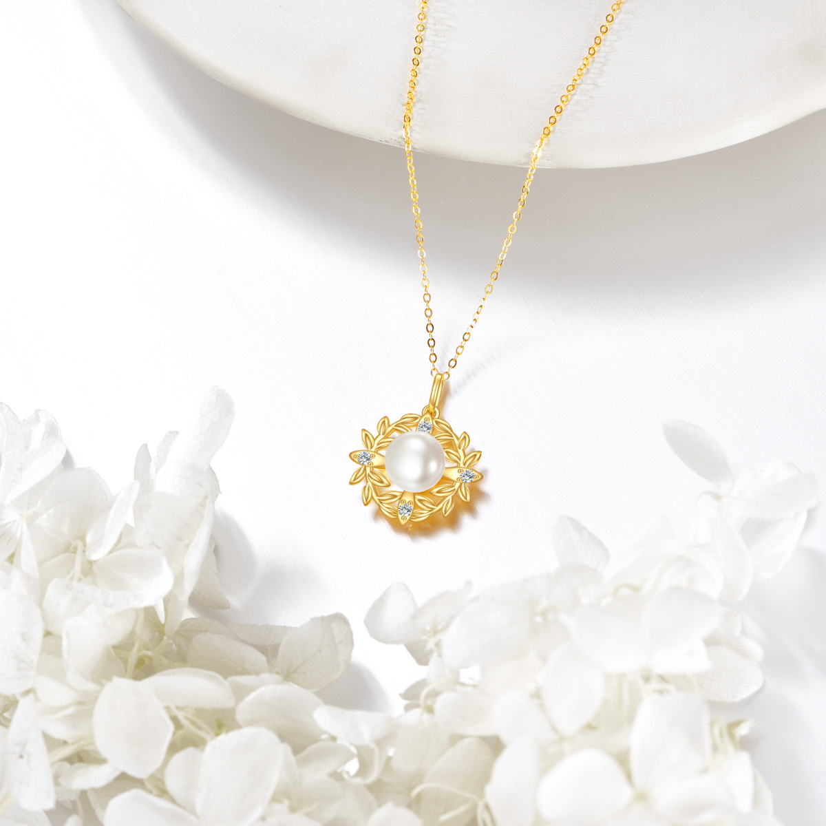 14K Gold Cubic Zirconia & Pearl Leaves Pendant Necklace-4