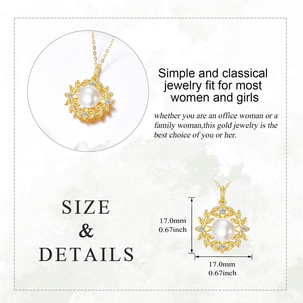 14K Gold Cubic Zirconia & Pearl Leaves Pendant Necklace-5