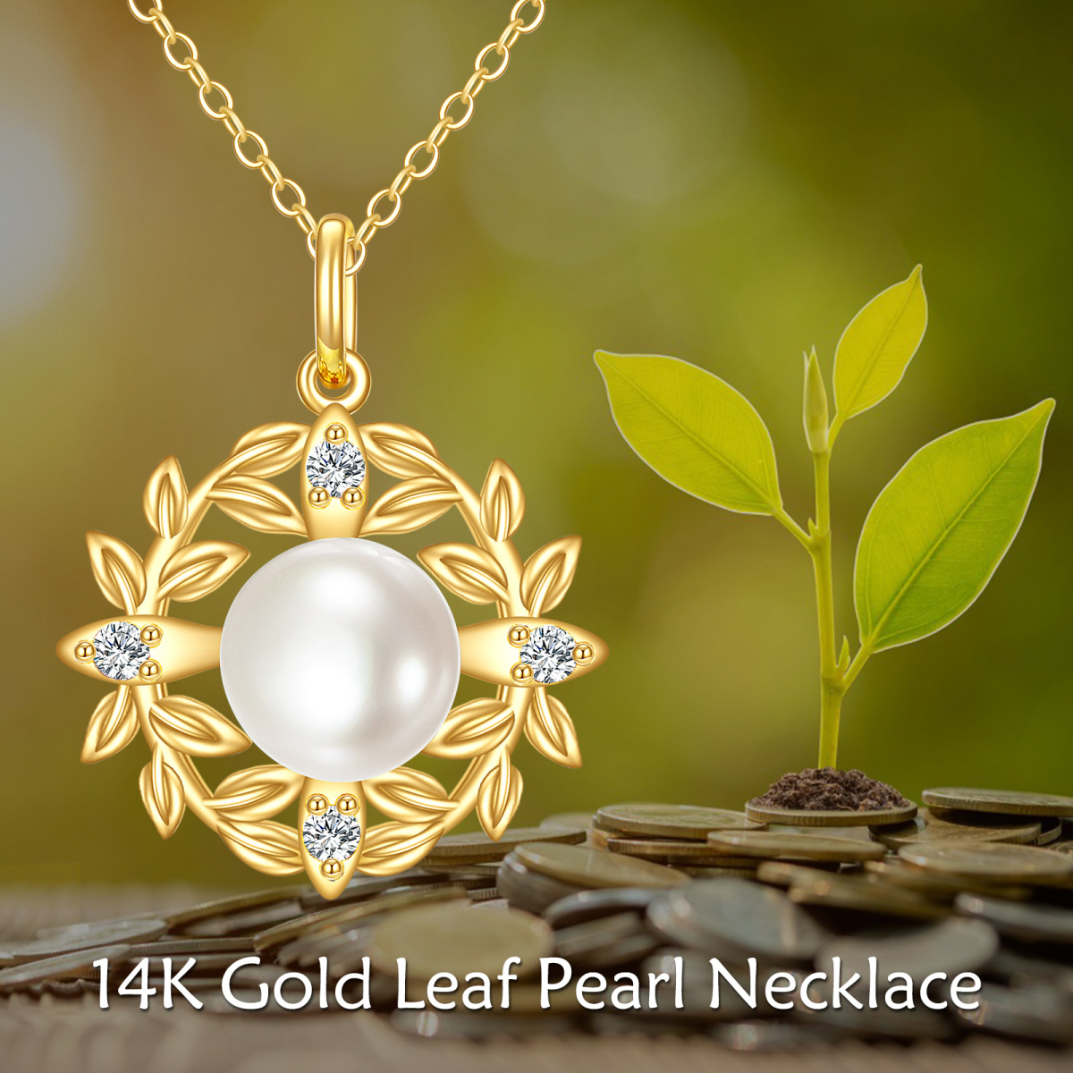 14K Gold Cubic Zirconia & Pearl Leaves Pendant Necklace-6