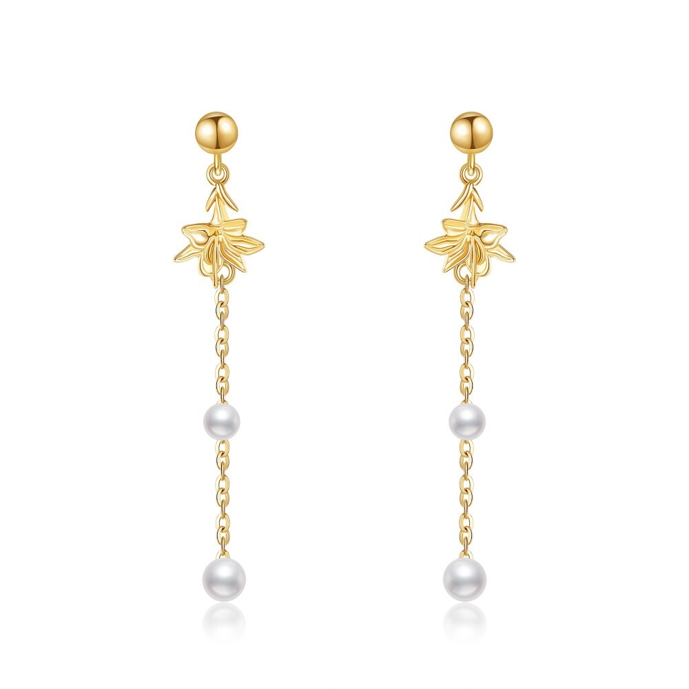 10K Gold Pearl Lily Drop Earrings-1