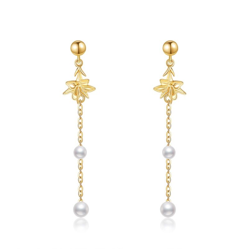 14K Gold Pearl Lily Drop Earrings-1