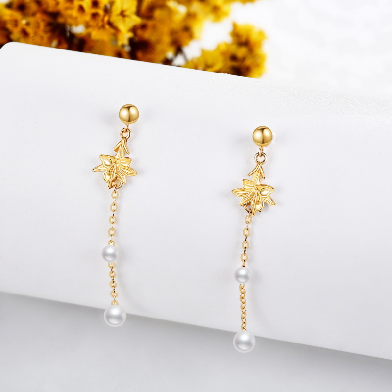 Pendientes colgantes de oro de 10 quilates con perlas y forma de lirio-3