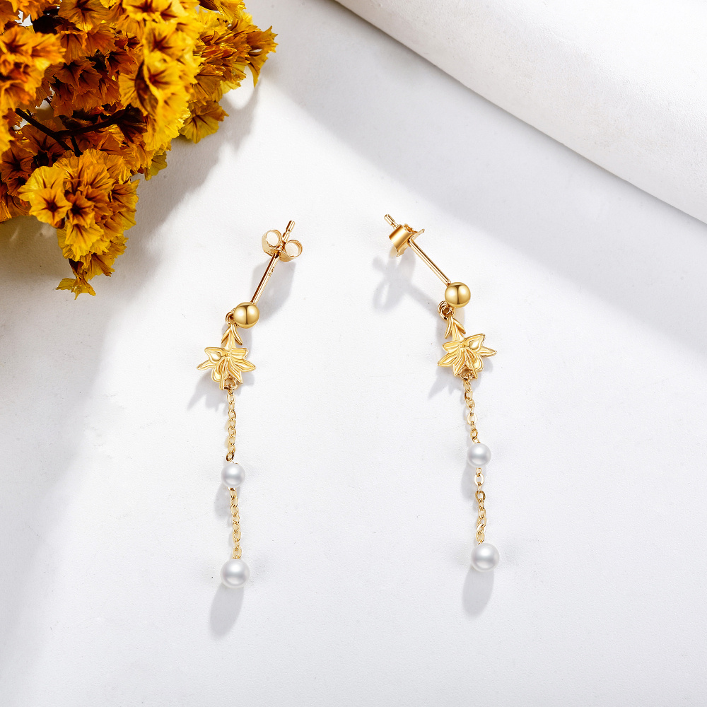 10K Gold Pearl Lily Drop Earrings-4