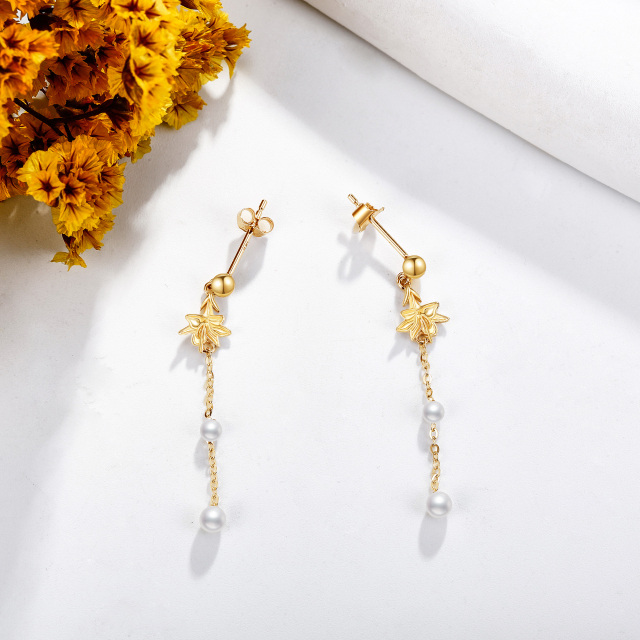 14K Gold Pearl Lily Drop Earrings-4