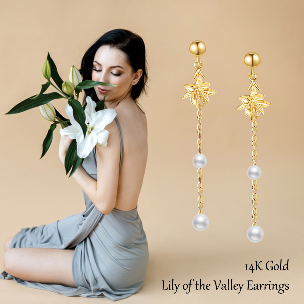 10K Gold Pearl Lily Drop Earrings-6