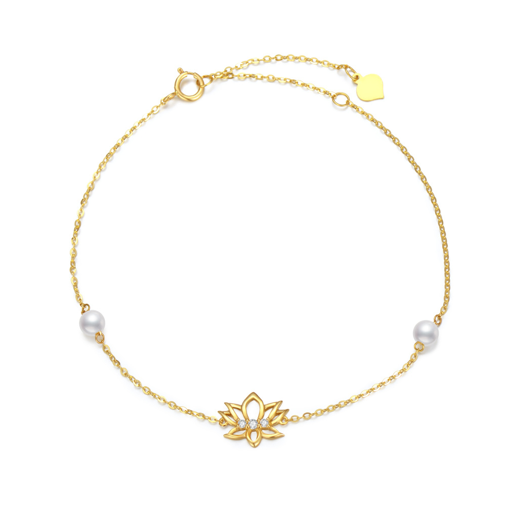 10K Gold Pearl Lotus Charm Bracelet-1