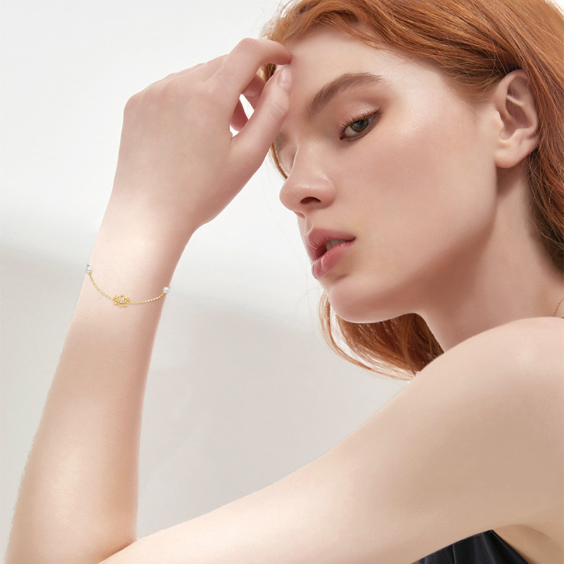 14K Gold Pearl Lotus Charm Bracelet-2