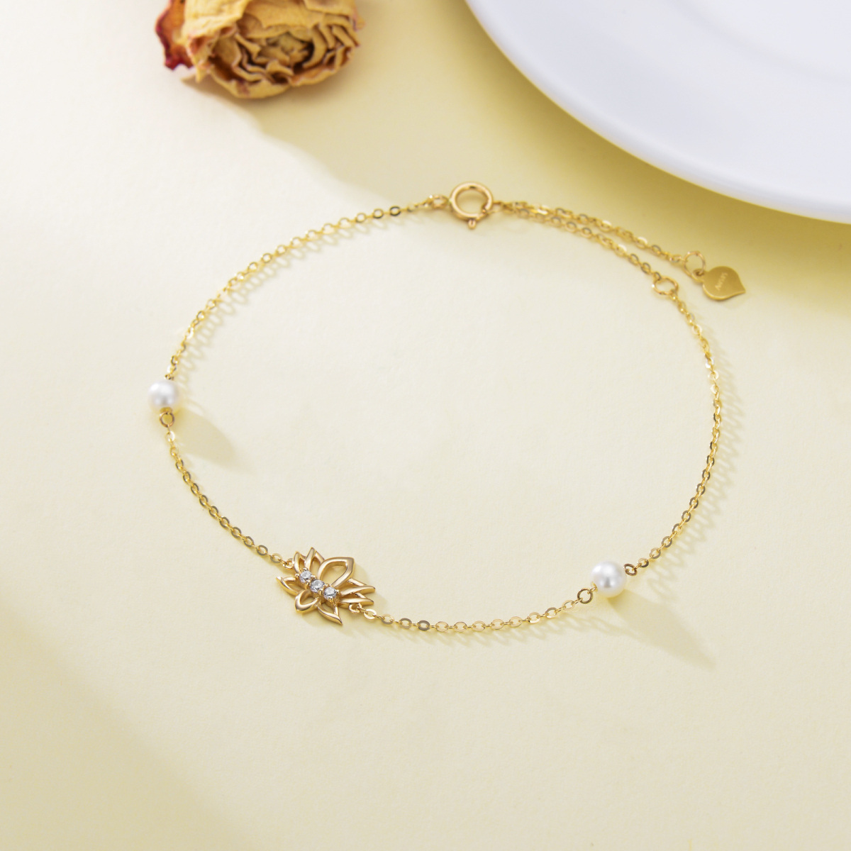 Bracciale con ciondolo a forma di loto in perle d'oro 14K-3