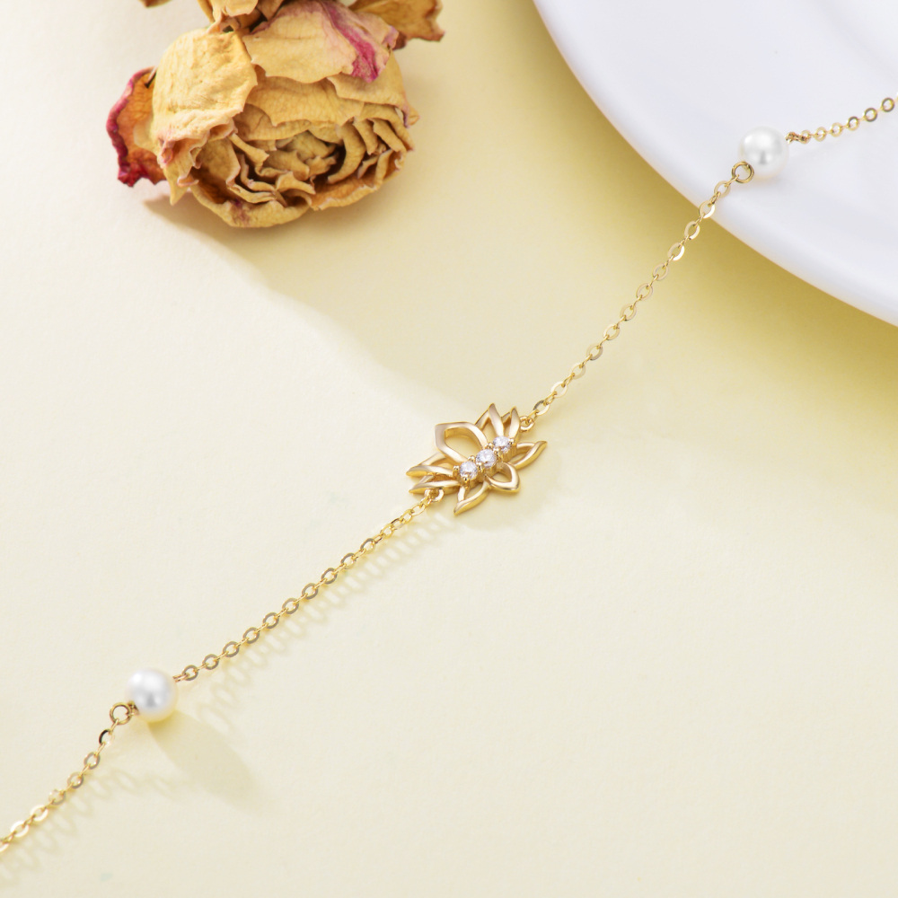 10K Gold Pearl Lotus Charm Bracelet-4